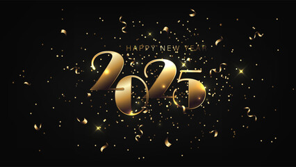 2025 Happy New Year Gold Numbers on Black Background Horizontal Banner