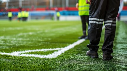 Fototapeta premium At the soccer field's corner, a lineman assists the referee.