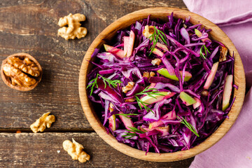 salad of red cabbage, apples and walnuts