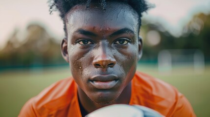 composed text for soccer matches featuring an African American man football player holding a ball. Sports, competitiveness, soccer, and football.