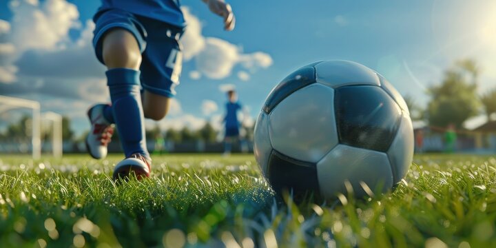 A soccer throw-in during a kid's sporting event. A little boy clutching a soccer ball. Little Football League Players. Boy Wearing a Blue Soccer Jersey and Wearing Number Seven