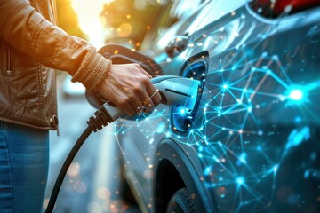 Person charging electric car with futuristic digital concept overlay connecting the vehicle to a network, symbolizing innovation and sustainability.