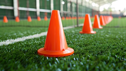 orange training cones with a synthetic green grass soccer pitch