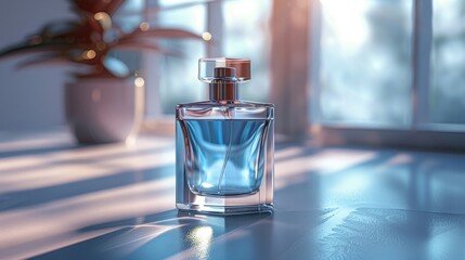 perfume bottle with blue fragrance on a sunlit table near a window, perfect for product advertising and lifestyle imagery.