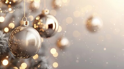 silver Christmas ornaments hang on a tree with sparkling bokeh lights, creating a festive and magical holiday atmosphere.