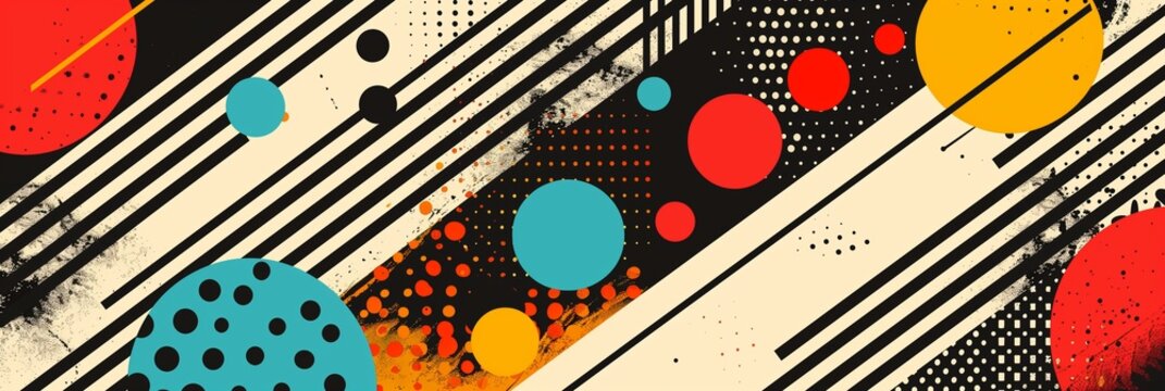 Generate an abstract pattern with dots and stripes in retro colors, reminiscent of the style found in the style of vintage magazine covers.