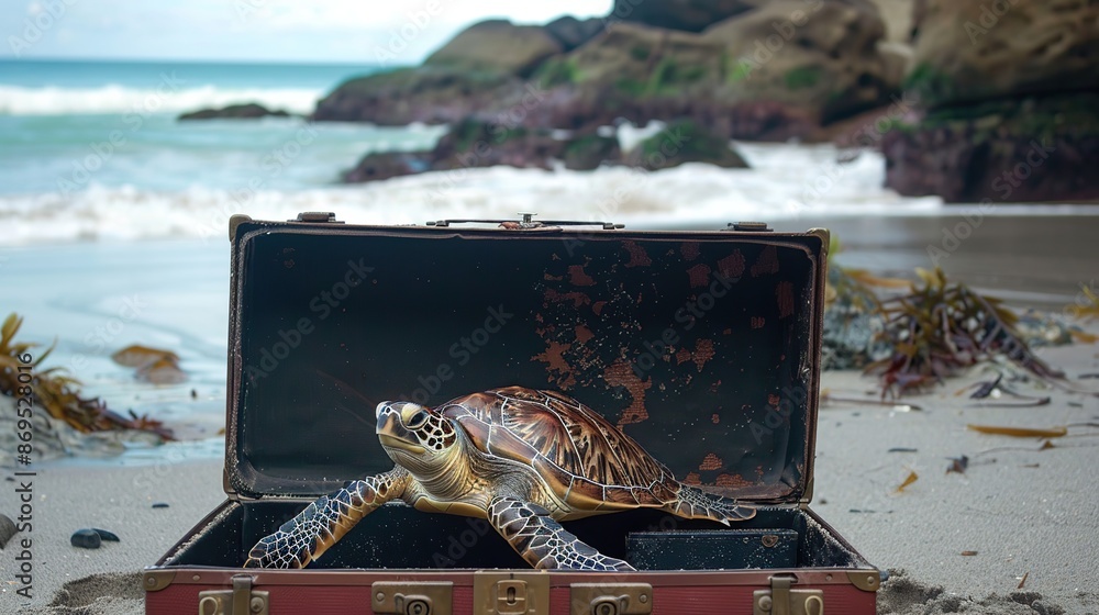 Wall mural Sea Turtle Escaping in a Suitcase on the Beach