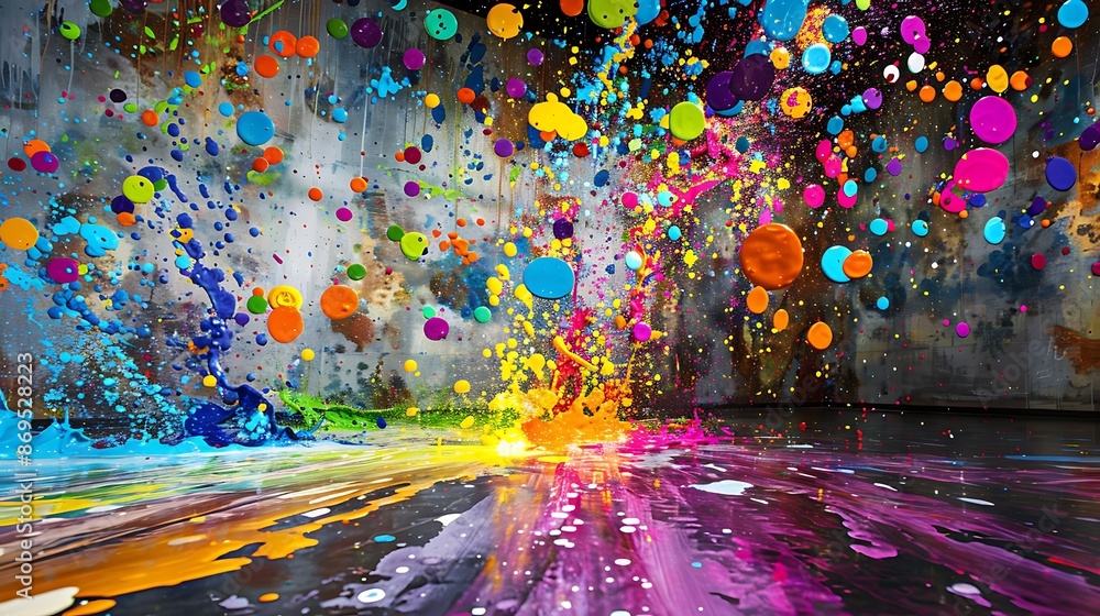 Poster spirited arrangement of colorful paint splatters creating a dynamic and lively environment.