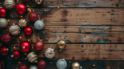 Naklejka premium Christmas ball ornaments laid out on a wooden floor, desktop background