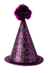 sparkly purple glitter party hat with pom-pom top isolated on transparent or white background, festive and fun cone-shaped celebration hat, cut out, clipping path, PNG