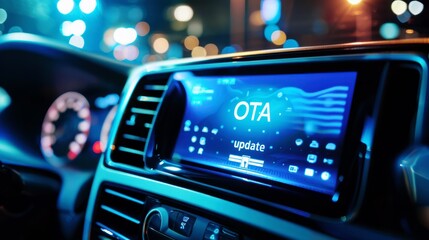 car dashboard display showing over-the-air (ota) firmware update in progress, modern automotive technology and connectivity