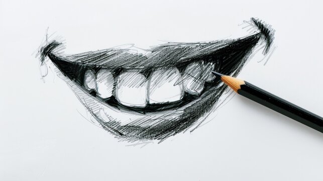 pencil drawing of a laughing mouth on white background, hand-drawn sketch of a smile with teeth