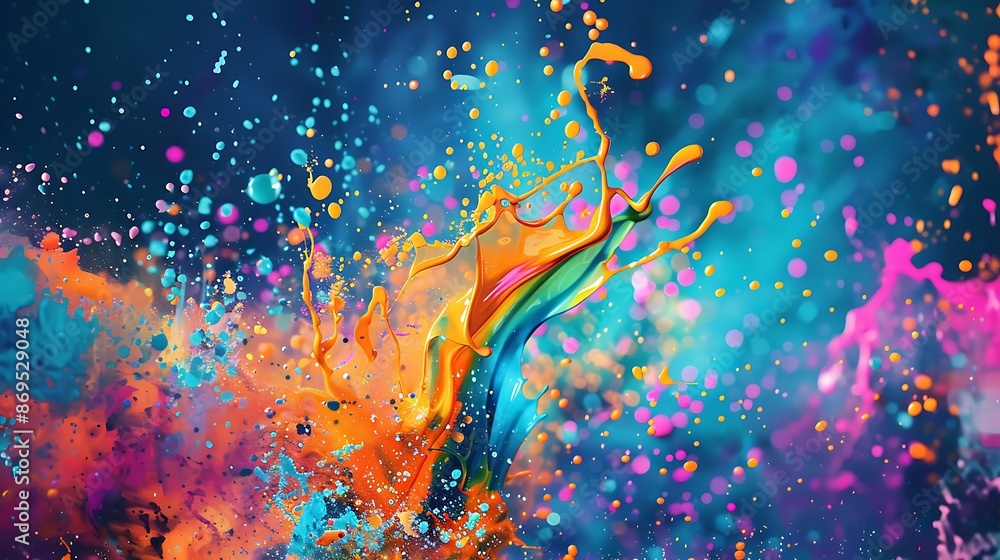 Poster spirited dance of colors captured in a backdrop of vibrant paint splatters, creating a dynamic and l