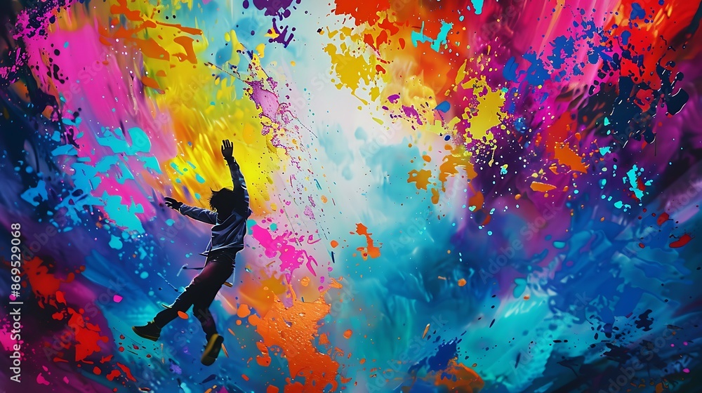 Poster spirited dance of colors captured in a backdrop of vibrant paint splatters, creating a dynamic and l