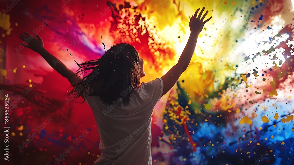 Poster spirited dance of colors captured in a backdrop of vibrant paint splatters, creating a dynamic and l