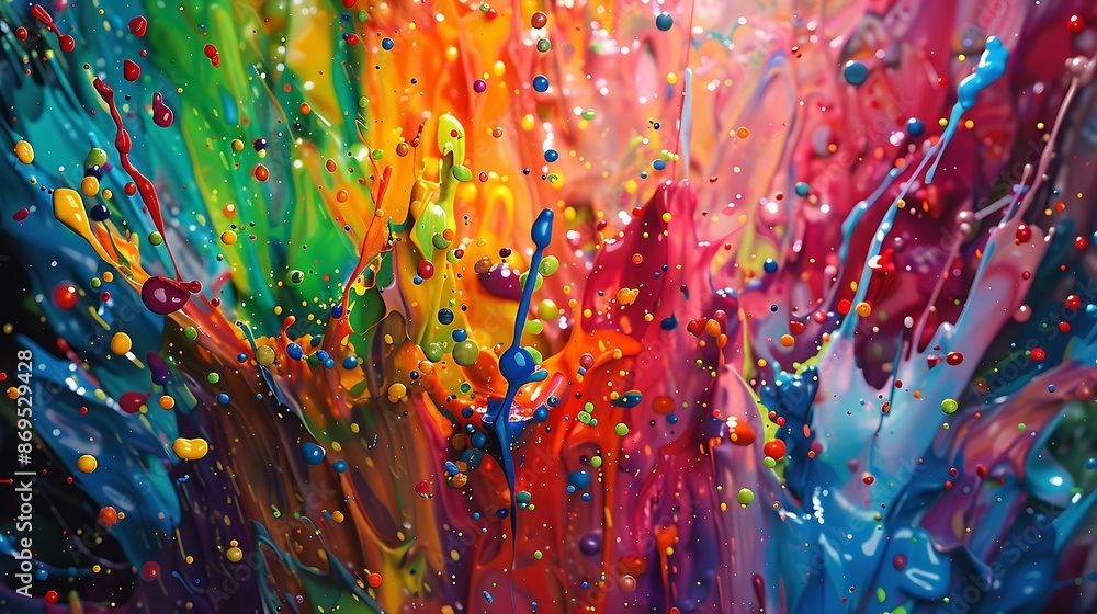 Poster spirited dance of colors captured in a backdrop of vibrant paint splatters, creating a dynamic and l