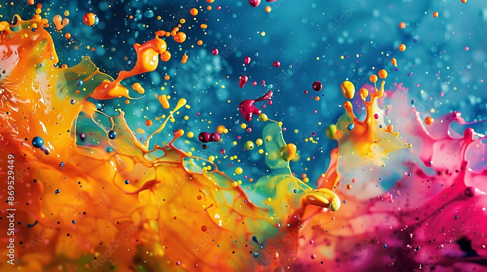 Poster spirited dance of colors captured in a backdrop of vibrant paint splatters, creating a dynamic and l