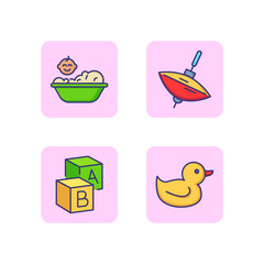 Care of newborn line icon set. Baby bath, duck toy, whirligig and toy blocks. Accessories for kids concept. Vector illustration for web design and apps