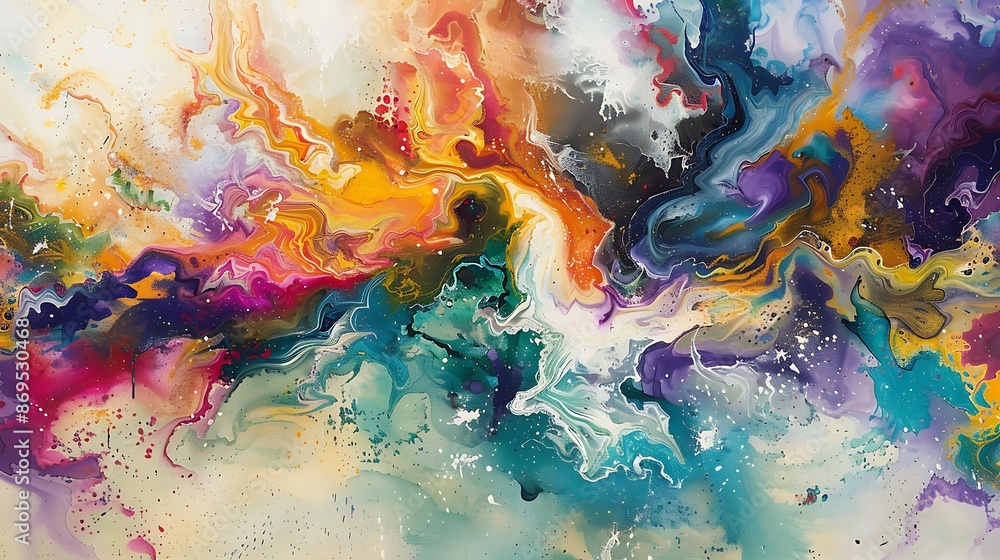 Poster swirls of color and playful splashes of liquid joy blend seamlessly on a textured canvas, forming a 