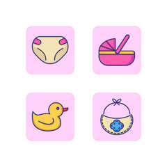 Items for newborn line icon set. Diapers, cradle, burp cloth and duck toy. Baby shopping concept. Vector illustration for web design and apps