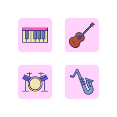 Music band line icon set. Guitar, piano, drums and saxophone. Live music concept. Vector illustration for web design and apps