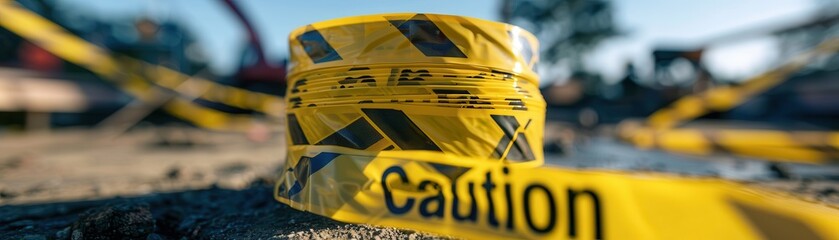 Yellow caution tape with black lettering.  A safety warning.