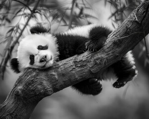 Obraz premium China Panda Baby Sleeping in Restful Slumber Under a Small Tree