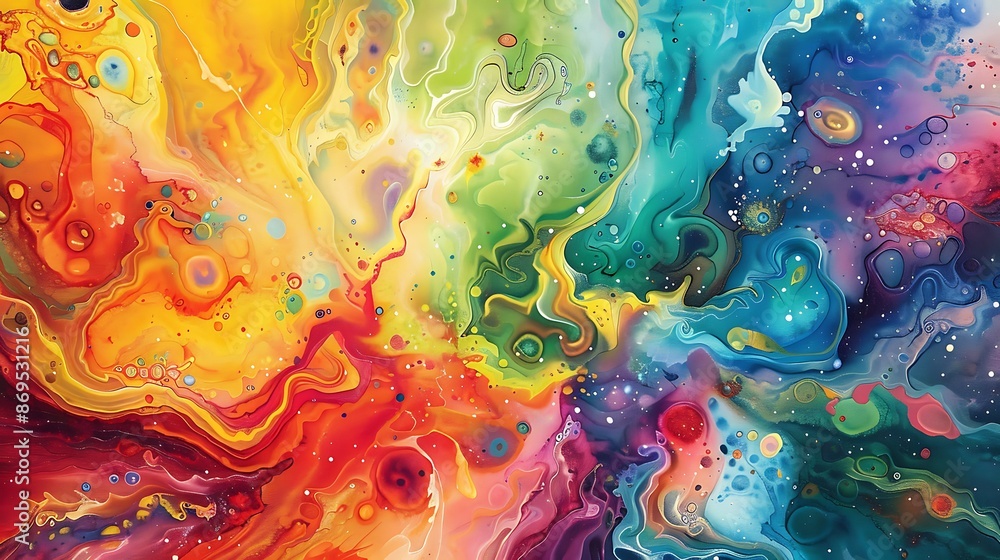 Poster swirls of color and playful splashes of liquid joy blend seamlessly on a textured canvas, forming a 