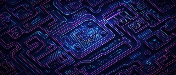 A detailed illustration of a digital zoo map with interactive features and neon pathways, cyber, with copy space