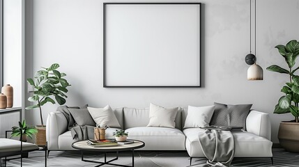 Photo of modern living room with white walls, large blank black frame on wall above sofa,
