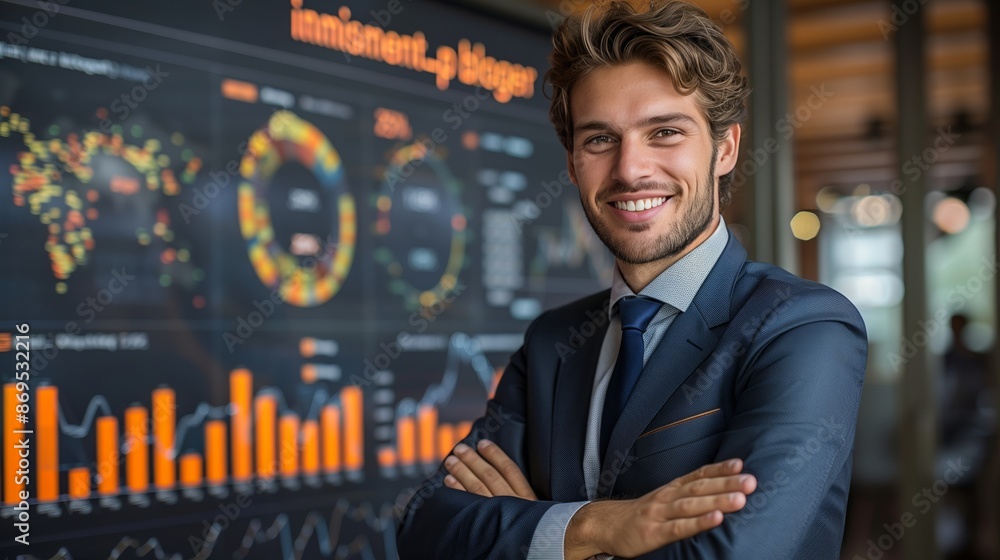 Poster portrait of handsome business man in suit standing with arms crossed and smiling at camera, office b