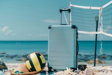 Get ready for a beach sports day with this stylish luggage mockup, complete with beach volleyball,...
