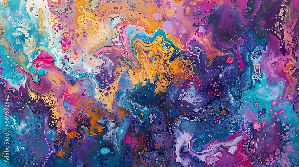 Poster swirls of color and playful splashes of liquid joy blend seamlessly on a textured canvas, forming a 