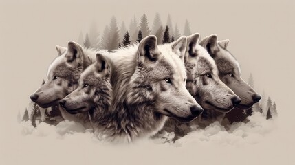 Naklejka premium Five white wolves stand together in a snowy forest.