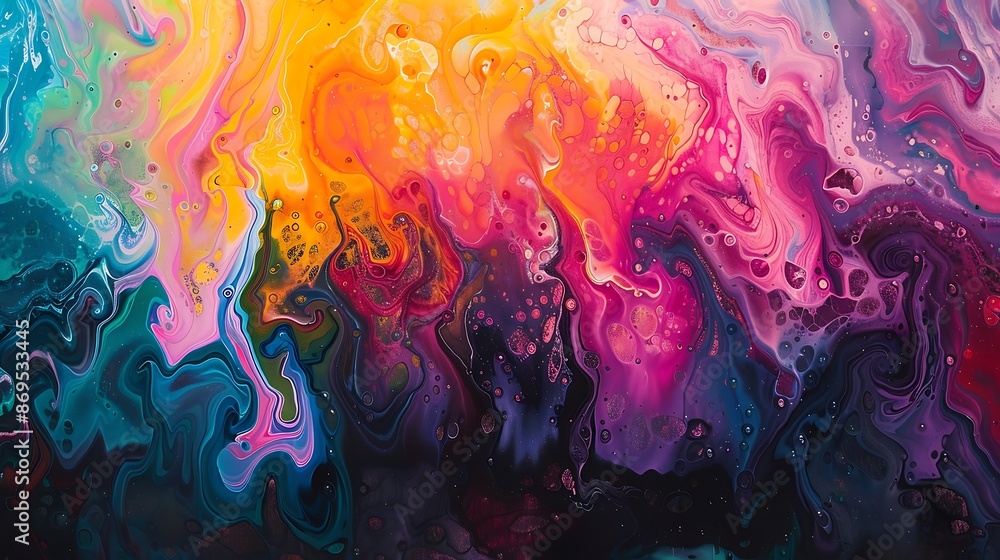 Poster swirls of color and playful splashes of liquid joy blend seamlessly on a textured canvas, forming a 