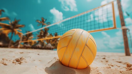 Beach Volleyball. Game ball under sunlight and blue sky.