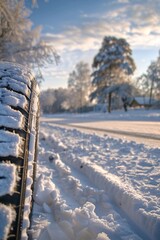 Wheel of the car. Winter tires on a snowy road.