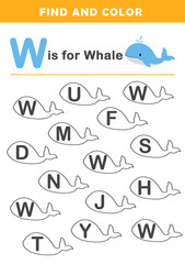 Kindergarten Letter W Find and Color worksheet. Spot and Color the Letter W. Letter W Hunt and Color for Kids.
