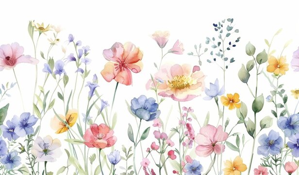 Flores silvestres en acuarela sobre fondo blanco, borde floral primaveral minimalista para invitaci&oacute;n 