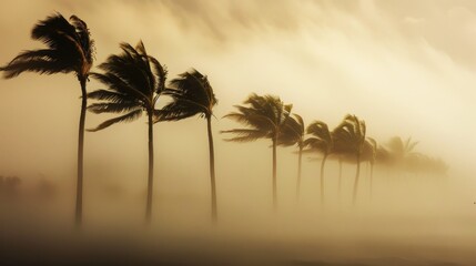 Forest palm trees blowing in the wind during a hurricane, a foggy and misty