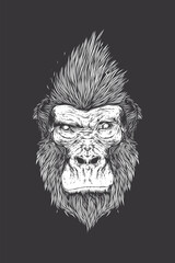 An original vector illustration in an abstract style. A gorilla with a stylish hairstyle. T-shirt design.