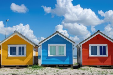 Beach Cabin. Row of Multi-Colored Bungalows by the Coast on a Sunny Day