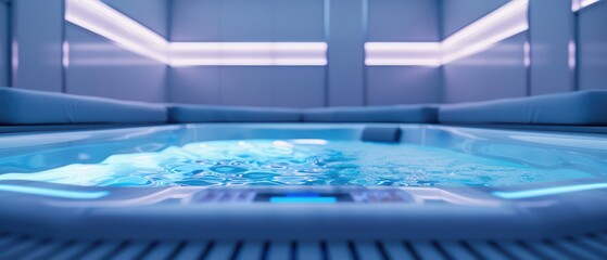 A stateoftheart spa room showcasing a hightech jacuzzi with integrated sound and light therapy features, high tech, with copy space above the jacuzzi