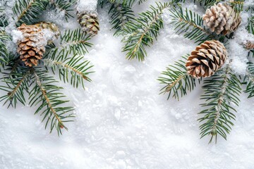 Flat Lay Snow. Christmas Composition with White Snow and Fir Branch Top View