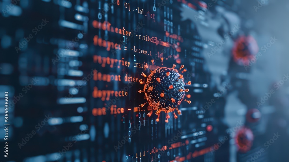 Poster a virus morphing into a digital code sequence on a futuristic display, illustrating the convergence 