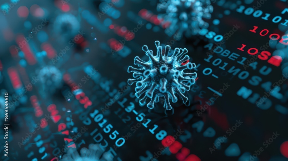 Poster a virus morphing into a digital code sequence on a futuristic display, illustrating the convergence 