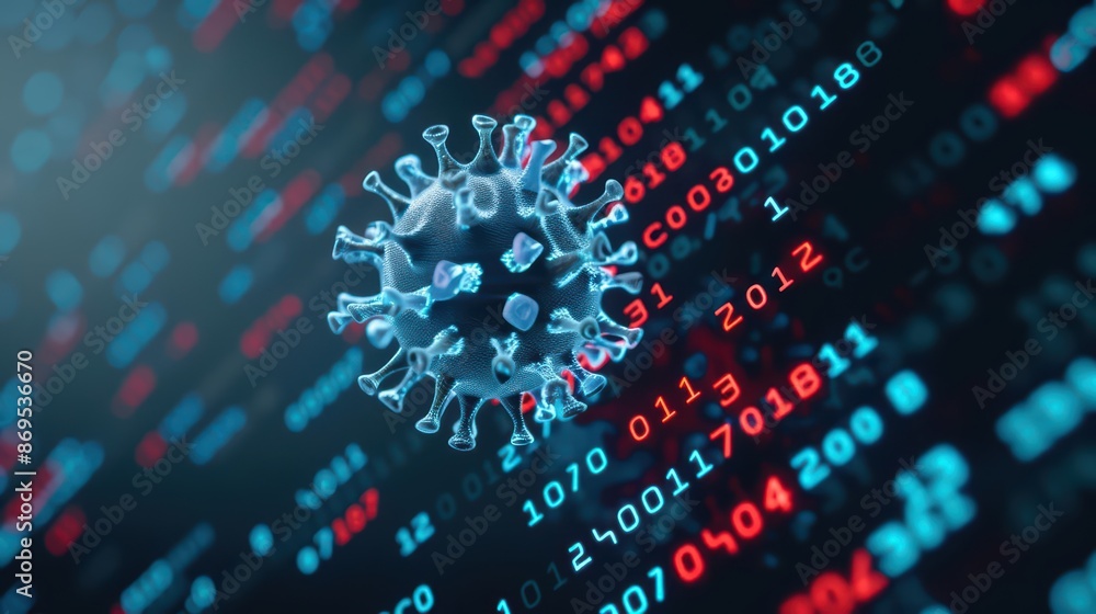 Poster a virus morphing into a digital code sequence on a futuristic display, illustrating the convergence 