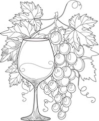 Grape Juice Outline Vector Illustration. Drink Outline Vector Illustration. Grape Juice Coloring Page. Grape Juice With Leaves Outline Vector.