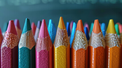Close-up of colorful pencils arranged in a row