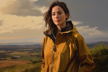 Portrait of a blissful woman in her 30s wearing a functional windbreaker isolated on backdrop of an idyllic countryside